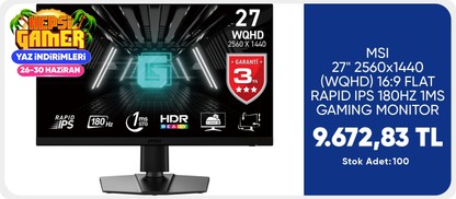 MSI 27" 2560x1440 (WQHD) 16:9 FLAT RAPID IPS 180HZ 1MS GAMING MONITOR
