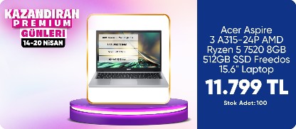 Acer Aspire 3 A315-24P AMD Ryzen 5 7520 8GB 512GB SSD Freedos 15.6" Taşınabilir Bilgisayar NX.KDEEY.00E