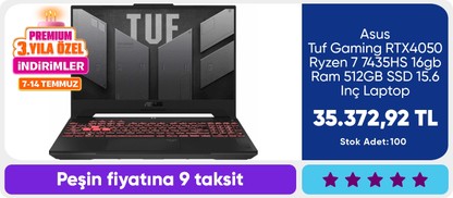 Asus Tuf Gaming RTX4050 Ryzen 7 7435HS 16gb Ram 512GB SSD 15.6 Inç Laptop