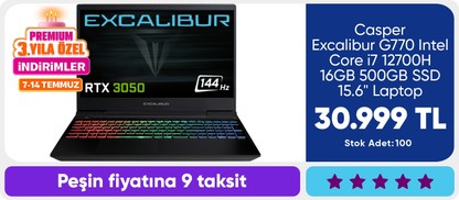 Casper Excalibur G770 Intel Core i7 12700H 16GB 500GB SSD RTX3050 15.6" Laptop