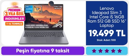 Lenovo Ideapad Slim 3 Intel Core i5 16GB Ram 512 GB SSD 16'' Laptop