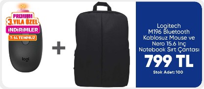 Logitech M196 Bluetooth Kablosuz Mouse ve Nero 15.6 Inç Notebook Sırt Çantası - Siyah