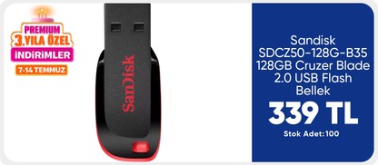 Sandisk SDCZ50-128G-B35 128GB Cruzer Blade 2.0 USB Flash Bellek