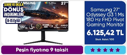 Samsung 27" Odyssey G3 1 Ms 180 Hz FHD Pivot Gaming Monitör
