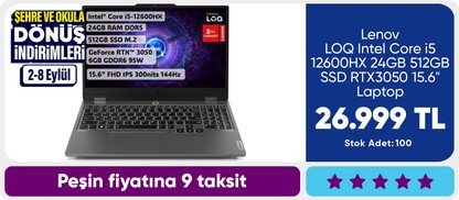 Lenovo LOQ Intel Core i5 12600HX 24GB 512GB SSD RTX3050 15.6" Laptop