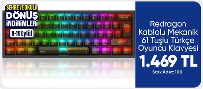 Redragon K617 Rgb Fizz Şeffaf Siyah Kablolu Mekanik 61 Tuşlu Türkçe Oyuncu Klavyesi