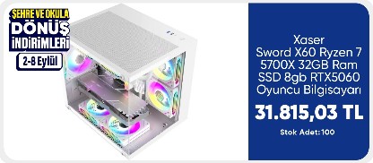Xaser Sword X60 Ryzen 7 5700X 32GB Ram 1tb M.2 Nvme SSD 8gb RTX5060 Sıvı Soğutmalı Oyuncu Bilgisayarı		