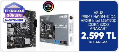 Asus Prıme D4 Argb Intel H610 LGA1700 Ddr4 3200 HDMI M2 Anakart