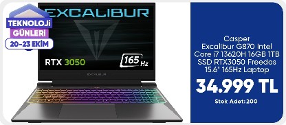 Casper Excalibur G870 Intel Core i7 13620H 16GB 1TB SSD RTX3050 Freedos 15.6" 165Hz Taşınabilir Bilgisayar G870.1362-BFJ0X-C