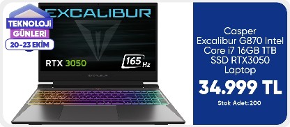 Casper Excalibur G870 Intel Core i7 13620H 16GB 1TB SSD RTX3050 Freedos 15.6" 165Hz Taşınabilir Bilgisayar G870.1362-BFJ0X-C