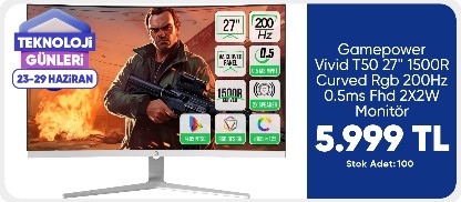 Gamepower Vivid T50 27'' 1500R Curved Rgb Beyaz 200Hz 0.5ms Fhd 2X2W Speaker Va Gaming Monitör (Sıfır Ölü Piksel Garantili)