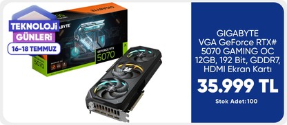 GIGABYTE VGA GeForce RTX# 5070 GAMING OC 12GB, 192 Bit, GDDR7, HDMI Ekran Kartı 