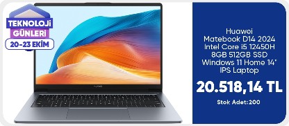 Huawei Matebook D14 2024 Intel Core i5 12450H 8GB 512GB SSD Windows 11 Home 14" IPS Tasinabilir Bilgisayar