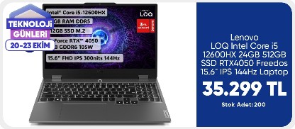 Lenovo LOQ Intel Core i5 12600HX 24GB 512GB SSD RTX4050 Freedos 15.6" IPS 144Hz Taşınabilir Bilgisayar 83GS00P6TR