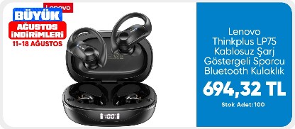 Lenovo Thinkplus LP75 Kablosuz Şarj Göstergeli Sporcu Bluetooth Kulaklık Siyah