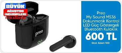 Preo My Sound MS36 Dokunmatik Kontrol LED Güç Göstergeli Bluetooth 5.1 Tws Gerçek Kablosuz Kulaklık Siyah