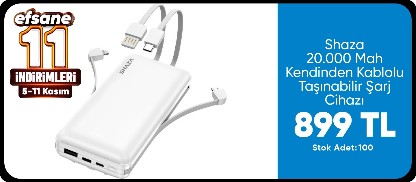 Shaza 20.000 Mah Kendinden Kablolu Taşınabilir Şarj Cihazı Beyaz