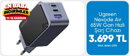 Ugreen Nexode Air 65W Gan Hızlı Şarj Cihazı Uzay Grisi Type-C QC PD 2xUsb-C 1xUsb-A