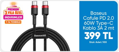 Baseus Cafule PD 2.0 60W Type-C Kablo 3A 2 mt Kırmızı+Siyah CATKLF-H91