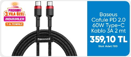 Baseus Cafule PD 2.0 60W Type-C Kablo 3A 2 mt Kırmızı+Siyah CATKLF-H91