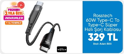 Rosstech 60W Type-C To Type-C Süper Hızlı Şarj Kablosu (Rosstech Türkiye Garantili)