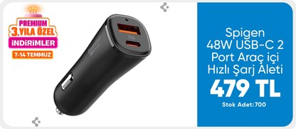 Spigen 48W USB-C 2 Port Araç içi Hızlı Şarj Aleti 