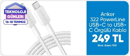 Anker 322 PowerLine USB-C to USB-C Örgülü Kablo 3ft/0.9m 60W - USB-IF - Beyaz - A81F5 (Anker Türkiye Garantili)