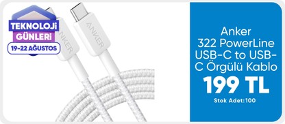 Anker 322 PowerLine USB-C to USB-C Örgülü Kablo 3ft/0.9m 60W - USB-IF - Beyaz - A81F5 (Anker Türkiye Garantili)