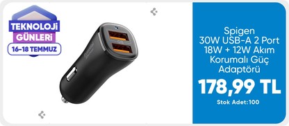 Spigen 30W USB-A 2 Port Araç içi Hızlı Şarj Aleti 18W + 12W Akım Korumalı Güç Adaptörü iPhone & Android & iPad Type-C PD EV302 - ACP08700
