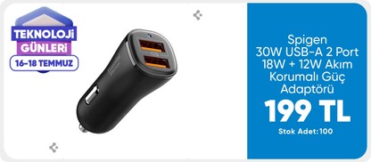 Spigen 30W USB-A 2 Port Araç içi Hızlı Şarj Aleti 18W + 12W Akım Korumalı Güç Adaptörü iPhone & Android & iPad Type-C PD EV302 - ACP08700