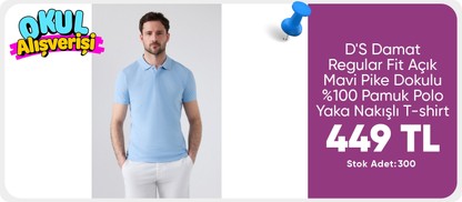 D'S Damat Regular Fit Açık Mavi Pike Dokulu %100 Pamuk Kıvrılmaz Polo Yaka Nakışlı T-shirt 4HC14ORT51000