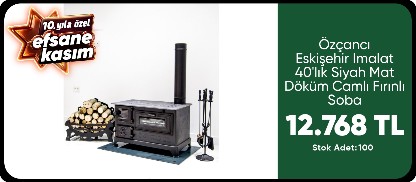 Özçancı Eskişehir Imalat 40'lık Siyah Mat Döküm Camlı Fırınlı Kuzine Soba Konteyner Emaye Kaplı