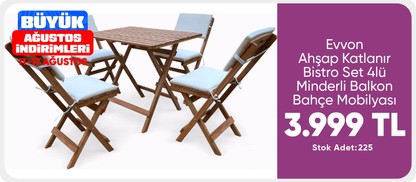 Evvon Ahşap Katlanır Bistro Set 4lü Minderli Balkon Bahçe Mobilyası 