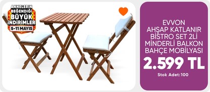 Evvon ahşap katlanır bistro set 2'li minderli 
