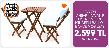 Evvon ahşap katlanır bistro set 2'li minderli 