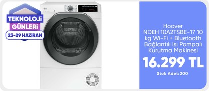 Hoover NDEH 10A2TSBE-17 10 kg Wi-Fi + Bluetooth Bağlantılı Isı Pompalı Kurutma Makinesi