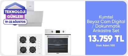 Kumtel Beyaz Cam Digital / Dokunmatik Ankastre Set - 8 Programlı (KO-40 TAHDF Ocak B66-Sf2 Ddt Fırın DA6-835 Davlumbaz)