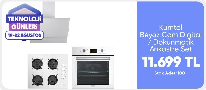 Kumtel Beyaz Cam Digital / Dokunmatik Ankastre Set - 8 Programlı (KO-40 TAHDF Ocak B66-Sf2 Ddt Fırın DA6-835 Davlumbaz)