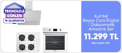 Kumtel Beyaz Cam Digital / Dokunmatik Ankastre Set - 8 Programlı (KO-40 TAHDF Ocak B66-Sf2 Ddt Fırın DA6-835 Davlumbaz)