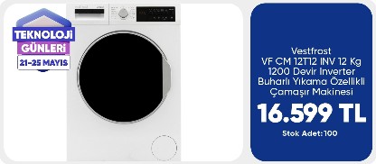 Vestfrost VF CM 12T12 INV 12 Kg 1200 Devir Inverter Buharlı Yıkama Özellikli Çamaşır Makinesi