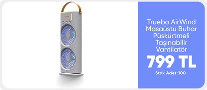 Truebo AirWind - Masaüstü Buhar Püskürtmeli Taşınabilir Şarjlı Led Işıklı Çift Fanlı Vantilatör 