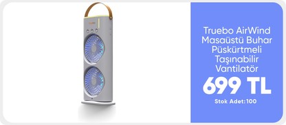Truebo AirWind - Masaüstü Buhar Püskürtmeli Taşınabilir Şarjlı Led Işıklı Çift Fanlı Vantilatör 