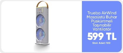 Truebo AirWind - Masaüstü Buhar Püskürtmeli Taşınabilir Şarjlı Led Işıklı Çift Fanlı Vantilatör 