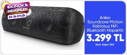 Anker Soundcore Motion+ Kablosuz HiFi Bluetooth Hoparlör - 30W Stereo Ses - IPX7 Suya Dayanıklılık - 12 Saate Varan Şarj - Siyah - A3116 (Anker Türkiye Garantili)