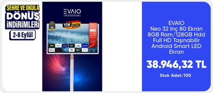EVAIO Neo 32 Inç 80 Ekran 8GB Ram/128GB Hdd Full HD Taşınabilir Android Smart LED Ekran