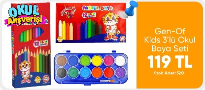Gen-Of Kids 3’lü Okul Boya Seti – Kuru, Pastel ve Sulu Boya 12 Renk