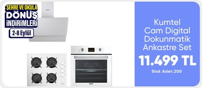 Kumtel Beyaz Cam Digital / Dokunmatik Ankastre Set - 8 Programlı (KO-40 TAHDF Ocak B66-Sf2 Ddt Fırın DA6-835 Davlumbaz)