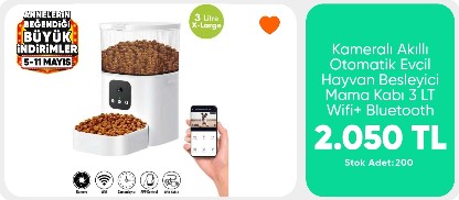 Kameralı Akıllı Otomatik Evcil Hayvan Besleyici Mama Kabı 3 LT Wifi+ Bluetooth 2050 TL