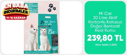 Mi Cat 20 Litre Aktif Karbonlu Kokusuz Doğal Bentonit Kedi Kumu