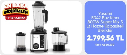 Yasomi 5042 Buz Kırıcı 800W Super Mix 3 Lt Hazne Kapasiteli Blender